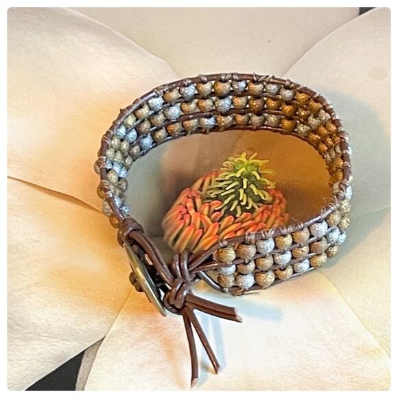 HANDMADE 3 Row Leather and Bead Cuff Bracelet - Picture 3 of 9